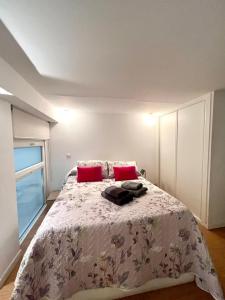 a bedroom with a large bed with red pillows at Excelente loft en Trafalgar in Madrid