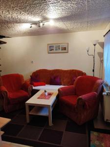 ein Wohnzimmer mit 2 Sofas und einem Couchtisch in der Unterkunft Ferienwohnungen Ruwoldt in Brodhagen