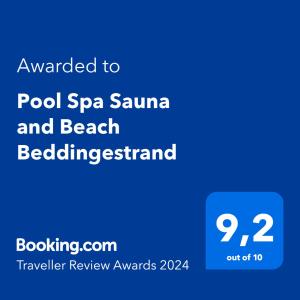 Certifikát, hodnocení, plakát nebo jiný dokument vystavený v ubytování Pool Spa Sauna and Beach Beddingestrand