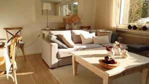 ein Wohnzimmer mit einem Sofa und einem Couchtisch in der Unterkunft Ferien am See in Möhnesee