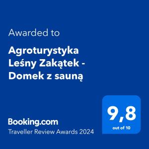 Certificat, premi, rètol o un altre document de Agroturystyka Leśny Zakątek - Domek z sauną