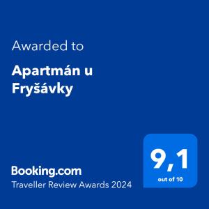 Certifikát, ocenenie alebo iný dokument vystavený v ubytovaní Apartmán u Fryšávky