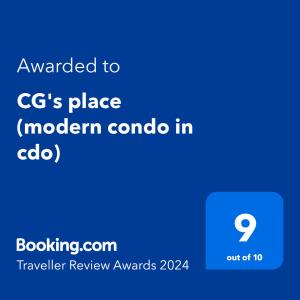 Ett certifikat, pris eller annat dokument som visas upp på CG's place (modern condo in cdo)