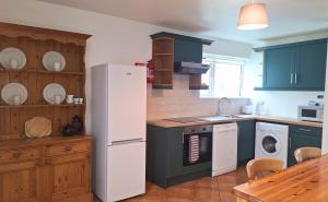 a kitchen with blue cabinets and a white refrigerator at Dingle Holiday Homes in Dingle