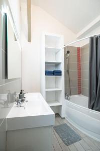 ein weißes Bad mit einem Waschbecken und einer Dusche in der Unterkunft Le Chill House centre ville in Bourg-en-Bresse