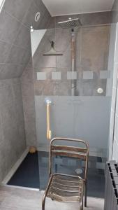 La salle de bains est pourvue d'une douche et d'une chaise en métal. dans l'établissement Gite La Passerelle, à Ostheim
