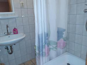 a bathroom with a shower curtain and a sink at Urlaub bei Monsieur Pigard 42001 in Göhren