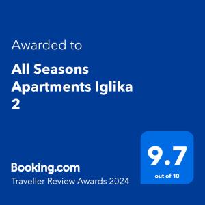 Сертификат, награда, табела или друг документ на показ в All Seasons Apartments Iglika 2