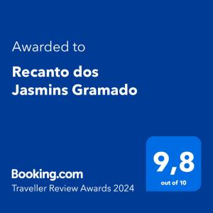 a blue text box with the text awarded to reactanta dos jasiminas at Recanto dos Jasmins Gramado in Gramado