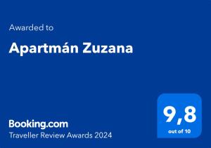 Ett certifikat, pris eller annat dokument som visas upp på Apartmán Zuzana
