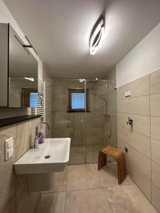 une salle de bain avec lavabo et douche dans l'établissement Ferienhaus Ginkgo Biloba, à Malsbenden 92 autres photos