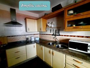 uma cozinha com armários de madeira e um lavatório em Mi Parchita em Valverde