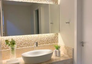 a bathroom with a white sink and a mirror at Hospedagem Terraço Naturale in Domingos Martins