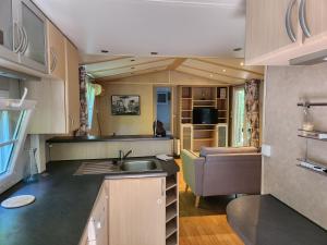 una cocina y sala de estar en una casa pequeña en Mobil Home Confort, en Lescar