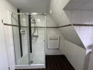 a bathroom with a shower in a attic at Schickes 110qm Ferienhaus in Nähe VW, DEZ und Orangerie in Kassel