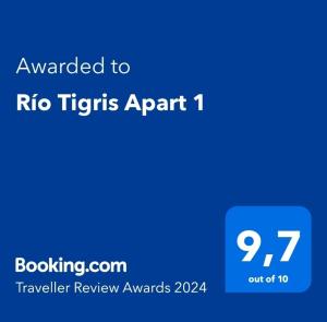 Río Tigris Apart 1 tesisinde sergilenen bir sertifika, ödül, işaret veya başka bir belge