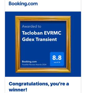 Vottorð, verðlaun, skilti eða annað skjal til sýnis á Tacloban EVMC Gdex Transient House