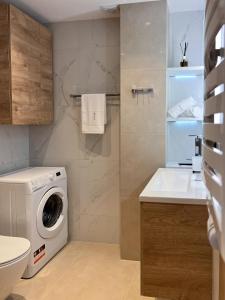 a bathroom with a washing machine and a sink at Apartament AVIATOR - lokalizacja w centrum, wysoki standard, balkon, prywatny parking in Nowy Targ