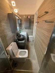 a bathroom with a toilet and a sink and a shower at Vikis Dream Views in Skala Mistegnon