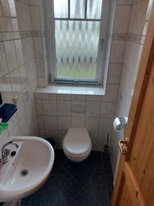 a bathroom with a toilet and a sink and a window at Rügen Schaprode Bungalow - barrierefrei - kleine Hunde auf Anfrage willkommen in Schaprode