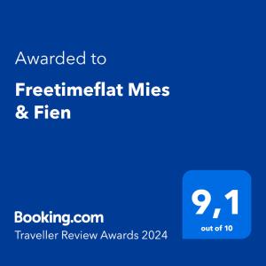 Freetimeflat Mies & Fien tesisinde sergilenen bir sertifika, ödül, işaret veya başka bir belge