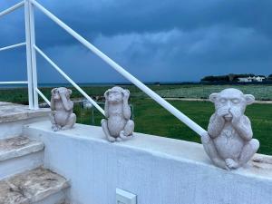 three statues of monkeys sitting on the steps of a building at Paradise Sea Terrace in Monopoli