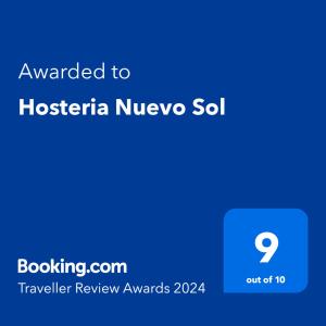 Ett certifikat, pris eller annat dokument som visas upp på Hosteria Nuevo Sol