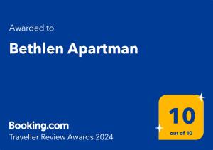 Πιστοποιητικό, βραβείο, πινακίδα ή έγγραφο που προβάλλεται στο Bethlen Apartman