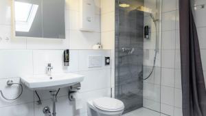 a bathroom with a shower and a toilet and a sink at E&B Apartments Waiblingen bei Stuttgart in Waiblingen