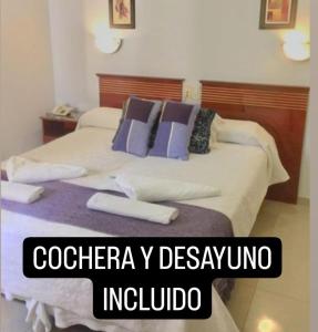 Habitación de hotel con cama con almohadas moradas en Hotel Plaza San Juan en San Juan