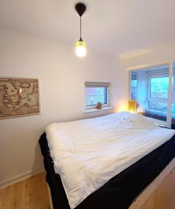A bed or beds in a room at Nordic style apartment in central Aalborg with a beautiful city view