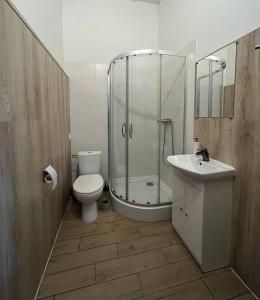 a bathroom with a shower and a toilet and a sink at Apart Lwowska in Warsaw