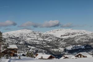 a snow covered mountain with houses in the foreground at Nybygd funkishytte med badstue og jacuzzi, golf, slalom in Vradal