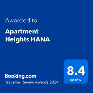 Certifikát, ocenenie alebo iný dokument vystavený v ubytovaní Apartment Heights HANA