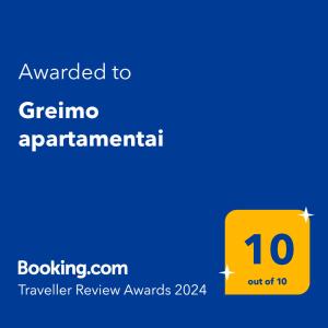 Ein Zertifikat, Auszeichnung, Logo oder anderes Dokument, das in der Unterkunft Greimo apartamentai ausgestellt ist