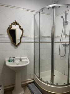 a bathroom with a sink and a shower at The Old Poets Corner in Chesterfield