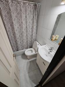 a bathroom with a toilet and a sink and a shower curtain at Departamento Frente al Casino Luckia 3H 2B in Arica
