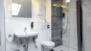 a bathroom with a shower and a toilet and a sink at E&B Hotel in Korb +17 photos