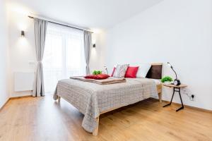 - une chambre avec un lit doté d'oreillers rouges et une fenêtre dans l'établissement KORZO Family, à Lipno nad Vltavou