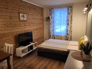 een kleine slaapkamer met een bed en een televisie bij Old Town Apartment in Valga