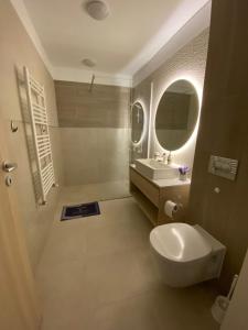 La salle de bains est pourvue de toilettes blanches et d'un lavabo. dans l'établissement Urban Alexa Home, à Braşov