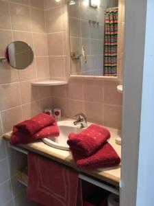 un baño con lavabo y toallas rojas. en Maison Blum, en Saint-Laurent-des-Arbres