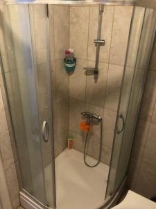 a shower with a glass door in a bathroom at Cosy house in amazing location. Kadikoy Moda 2BR in Istanbul