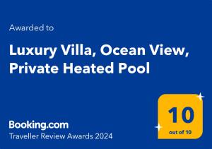Majutusasutuses Luxury Villa, Ocean View, Private Heated Pool olev sertifikaat, autasu, silt või muu dokument