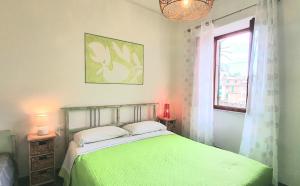 a bedroom with a green bed and a window at Arbanella in Corniglia