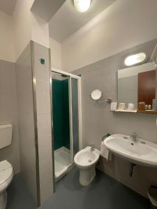 a bathroom with a toilet and a sink and a shower at Hotel La Bussola in Cittiglio