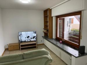 sala de estar con sofá, TV y ventana en Bonn-Beuel zentrale Ferienwohnung mit Parkplätzen en Bonn