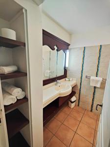 La salle de bains est pourvue d'un lavabo et d'un miroir. dans l'établissement Studio Corail Sainte Luce, à Sainte-Luce