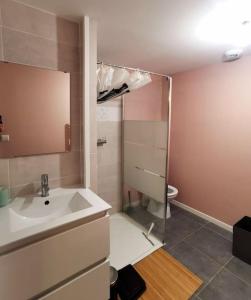 W łazience znajduje się umywalka i prysznic. w obiekcie Entre pins et océan w mieście Onesse-et-Laharie