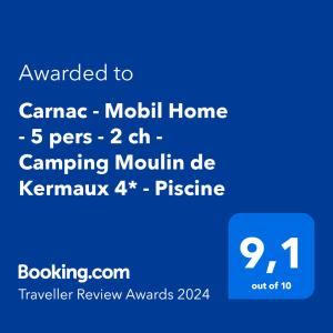 Carnac - Mobil Home - 5 pers - 2 ch - Camping Moulin de Kermaux 4* - Piscineに飾ってある許可証、賞状、看板またはその他の書類